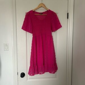 Smocked V-Neck Fuchsia Midi Dress with Flutter Sleeves